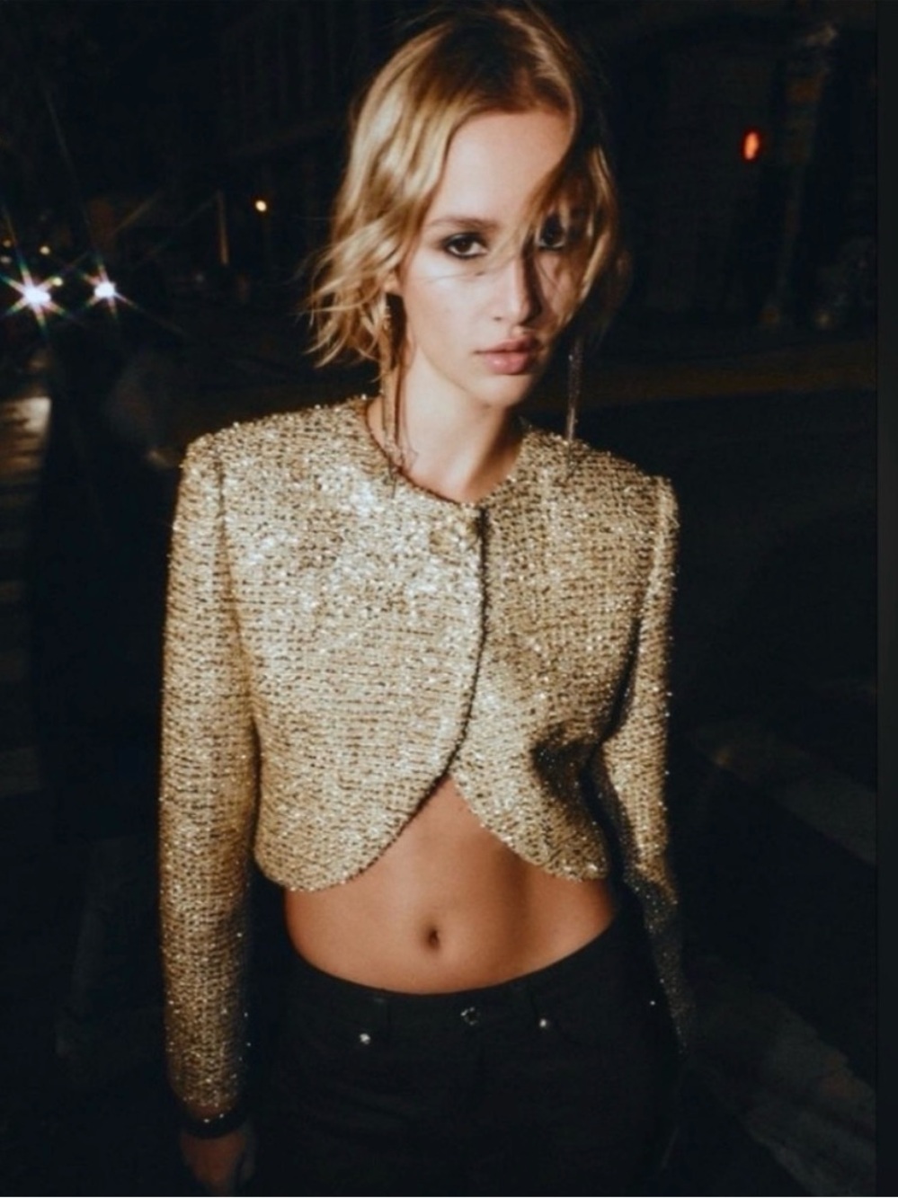 Zara cropped Metallic Gold Tweed Jacket